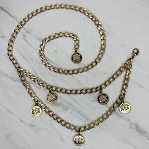 Womens Gold Tone Draped Chain Belt Coin Charms XS Small (XS/S) ✨